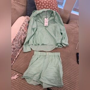 Zara Green and White Striped Shorts/ Button up Set